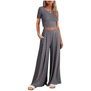 Ekouaer Women's 2-Piece Soft Ribbed Knit Casual Lounge Set - Spandex Elastic Fabric, Short-Sleeve Crop Top with Pockets, Wide-Leg Pants, Flattering Fit, S-XXL Nightwear