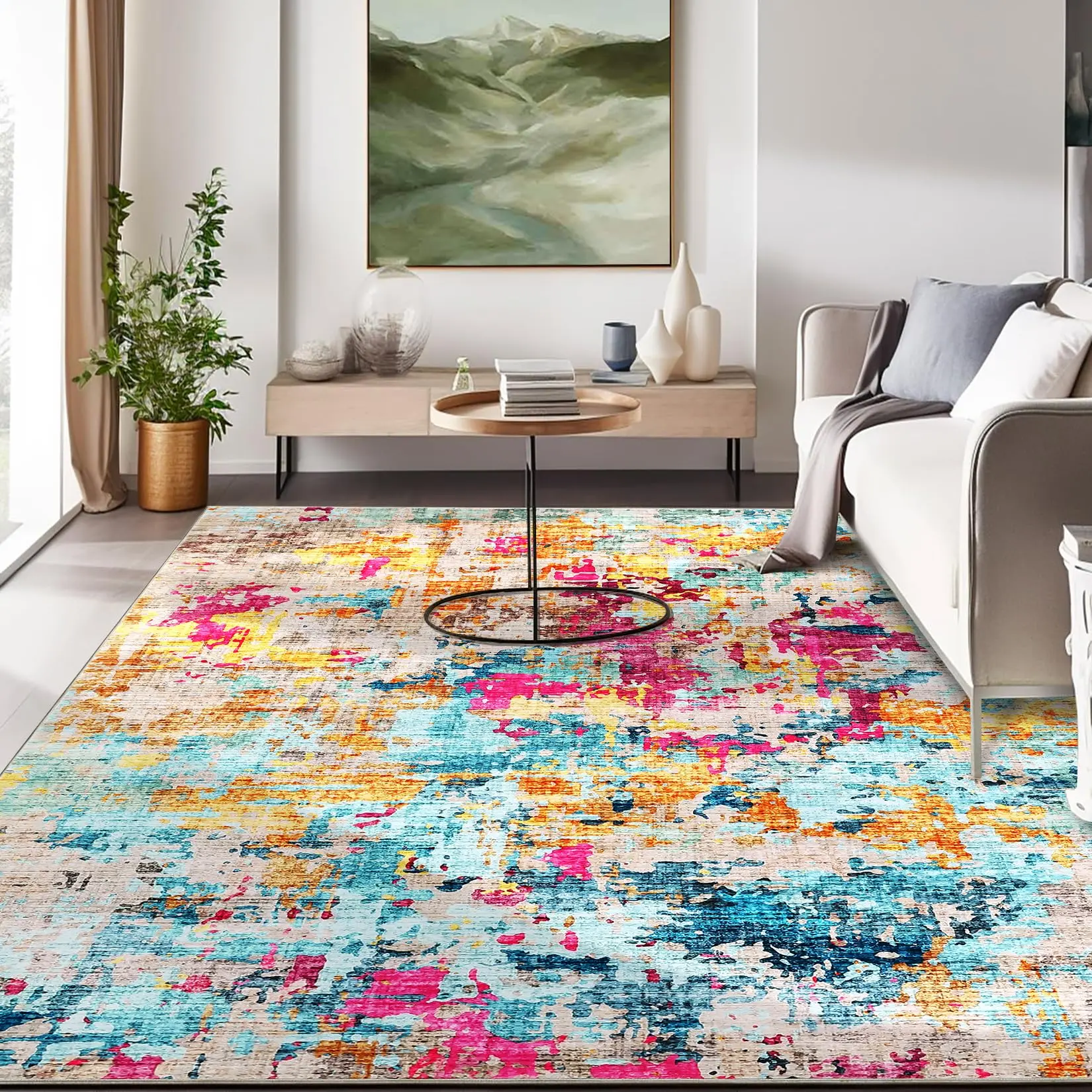 Garvee Colorful Abstract Area Rug, 5x7 Boho Washable Living Room Bedroom Rug Modern Non-Slip Non-Shedding Low Pile Area Rug Throw Rug for Dining Room Home (Colorful Multi, 5'x7')