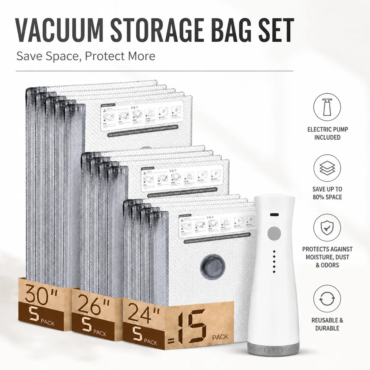【Summer Vibes】Cordless Travel Vacuum Bag Set with Rechargeable Air Pump，9/15-Pack Space Saving Storage Bags, Airtight Resealing Sealed Organizers for Luggage, Sturdy Lightweight Clothes Storage Solution, Vacuum Bags For Travel