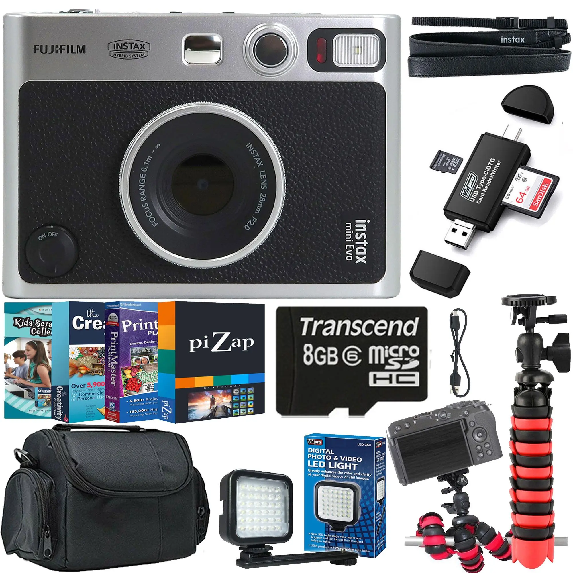 FUJIFILM INSTAX MINI EVO Hybrid Instant Camera Black + Scrapbooking Collection-Creativity Collection 2 piZap Pro & PrintMaster Platinum v8 Bundle + Case + 8GB MicroSD Card + USB 2.0 Type-C microSD + 36 LED Photo & Video Light + Rubberized Spider Tripod