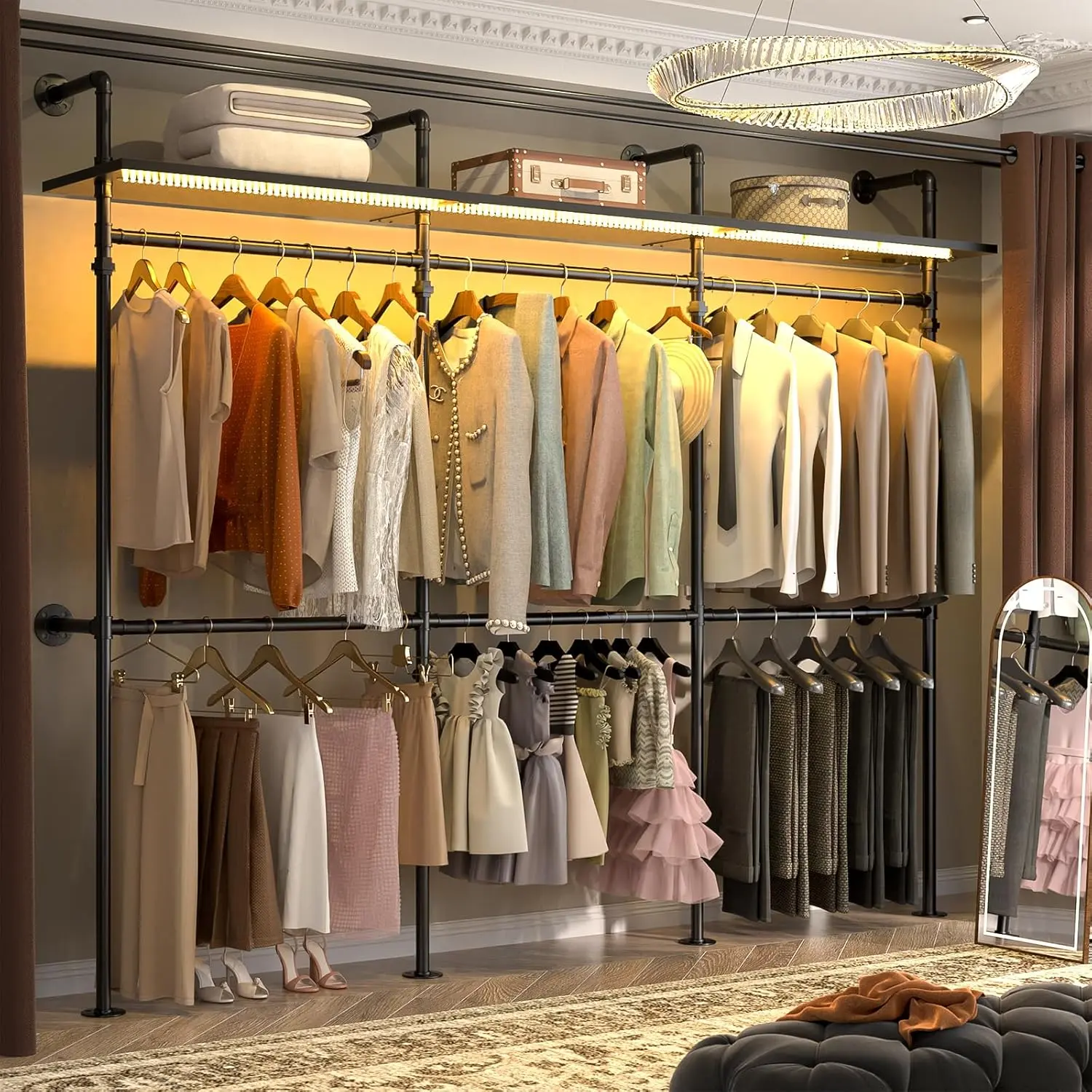 Industrial Pipe Clothing Rack – 118" Heavy Duty Garment Rack with RGB LED Lights & Shelves, Reversible L-Shaped Walk-in Closet System