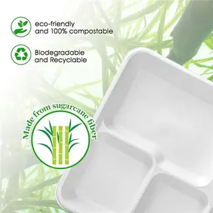 100 Pack - 100% Non Plastics 5 Compartment Paper Plates, Disposable School Lunch Trays, Eco-Friendly Bagasse Plates for School Lunch, Buffet, and Party