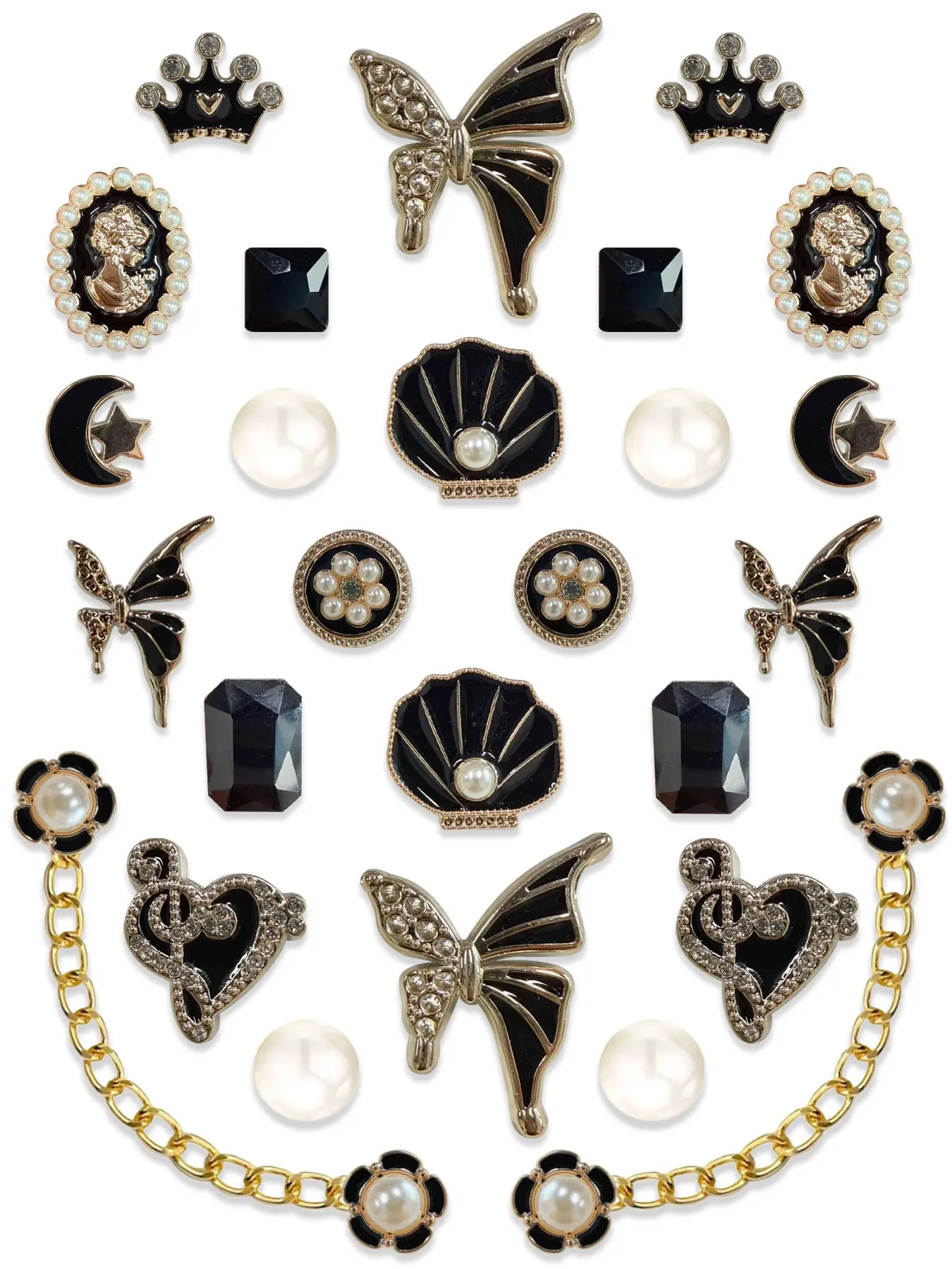 26pcs French Elegant Resin Sandal Accessories, Gold Butterfly Pearl Chain, DIY Shoe Buckles, Personalized Modification Parts, Bling Shoe Charms Set, Shoe Decoration, Decorative Shoe Accessories