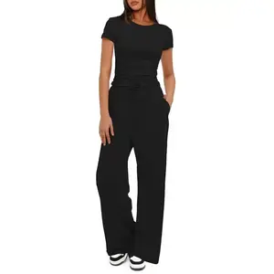 Women's two-piece casual set with pleated fashion short-sleeve top and wide-leg pants Womenswear Trouser Everyday