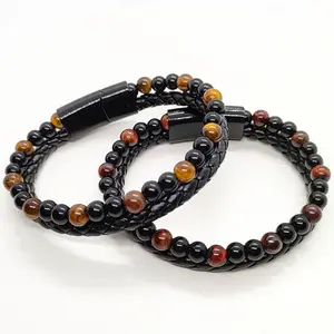 Natural agate stone leather beaded bracelet, hematite beaded bracelet, adjustable for men and women, volcanic lava stone heat therapy bracelet