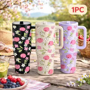1 Pc 40oz Insulated Mug With Handle And Lid, Tumbler, Double Wall Thermal Mug Vacuum Cup For Hot Cold Drinks, Leak Proof Travel Mug, Keeps Hot 12 Hours Cold 24 Hours, Large Capacity Insulated Mug, Cherry Flower Pattern Gift For Women Men Holiday Gift