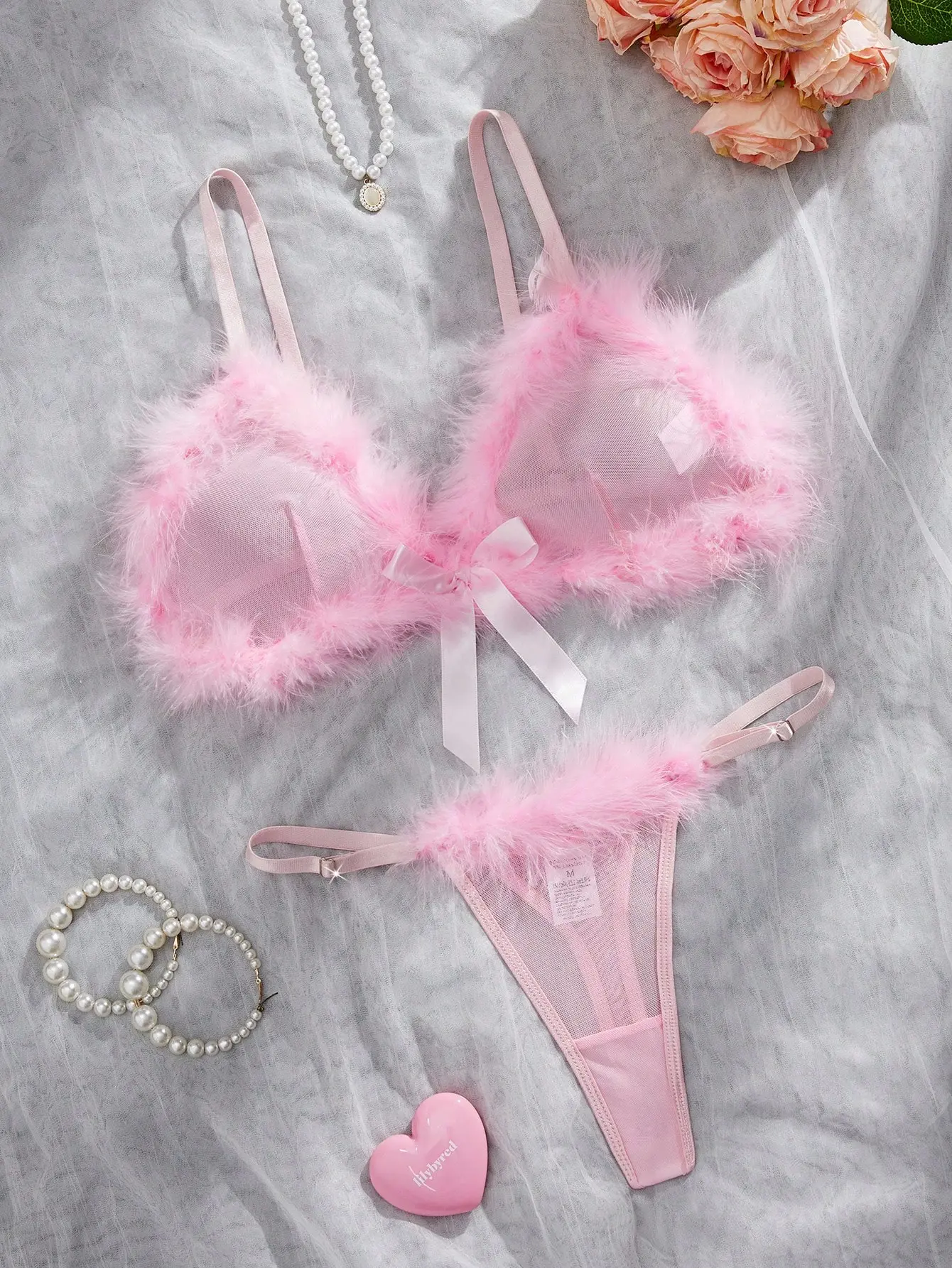 MAB 2pcs Sexy Lingerie Set For Women Sheer Mesh Bra Fluffy Trim Matching Thong Panty Valentine's Day Dates Nightclub Wear