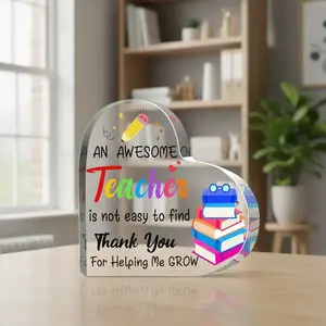 Letter & Book Pattern Acrylic Heart Shaped Ornament, 1 Count Creative Teacher Appreciation Gift, Desktop Ornament, Commemorative Gift, Teacher Decor