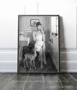 [Sale up to 50%] [Free Ship] Audrey Hepburn on Toilet Print, Funny Bathroom Wall Art, Vintage Premium Quality Print