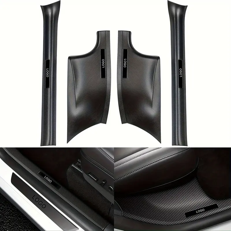 Topfit Carbon Door Sill Protector & Rear Scuff Plate Guard for Tesla Model Y 2020-2026, ABS Material, Front Fiber Painting, Durable, Lightweight, Easy Install, Emblem, Handle, Car Accessories
