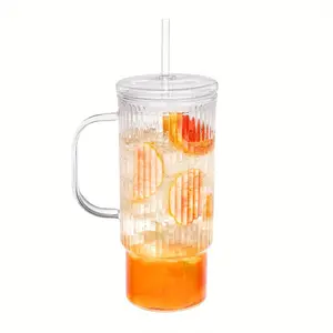 32oz Ribbed Glass Cup with Handle and Straw, Iced Coffee Cups Modern Glass Mug Hot/Cold Drinks for Smoothies,Tea, and Juice