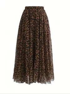 Women's Leopard Print Elastic Waist A-Line Skirt, Elegant Long Fitted Skirt, Woven Fabric, All Seasons Wear, Moderate Thickness, Leopard Printed Skirt
