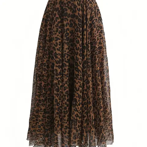 【Black Friday】Women's Leopard Print Elastic Waist A-Line Skirt, Elegant Long A-Line Skirt, Woven Fabric, Moderate Thickness for All Seasons Wear
