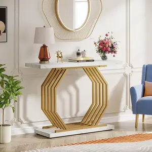 LITTLE TREE Gold Console Table, Faux Marble Entryway Narrow Sofa Table with Geometric Metal Base, 40 Inch Modern Accent Entrance Table for Living Room, Hallway, Foyer