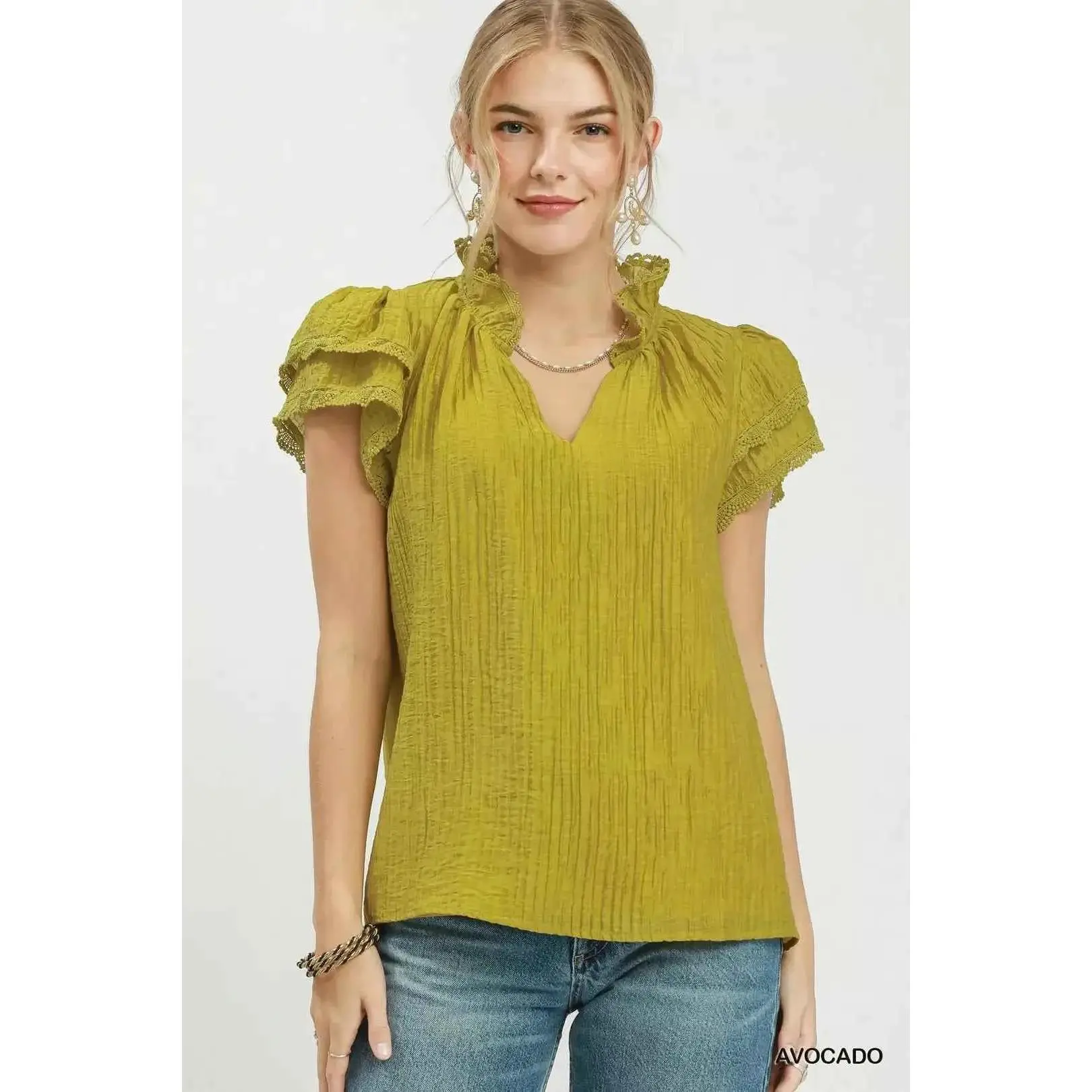 Umgee Lace Trim Ruffle Top