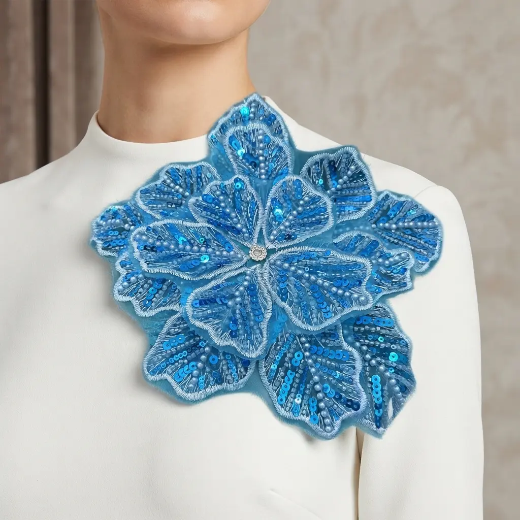 9.06 in (23 cm) Exquisite Sequin Bead Flower Patches, Embroidered Appliqué Decorations, DIY Sewing Accessories for Party Supplies, Versatile Chest-Collar-Shoulder Ornaments