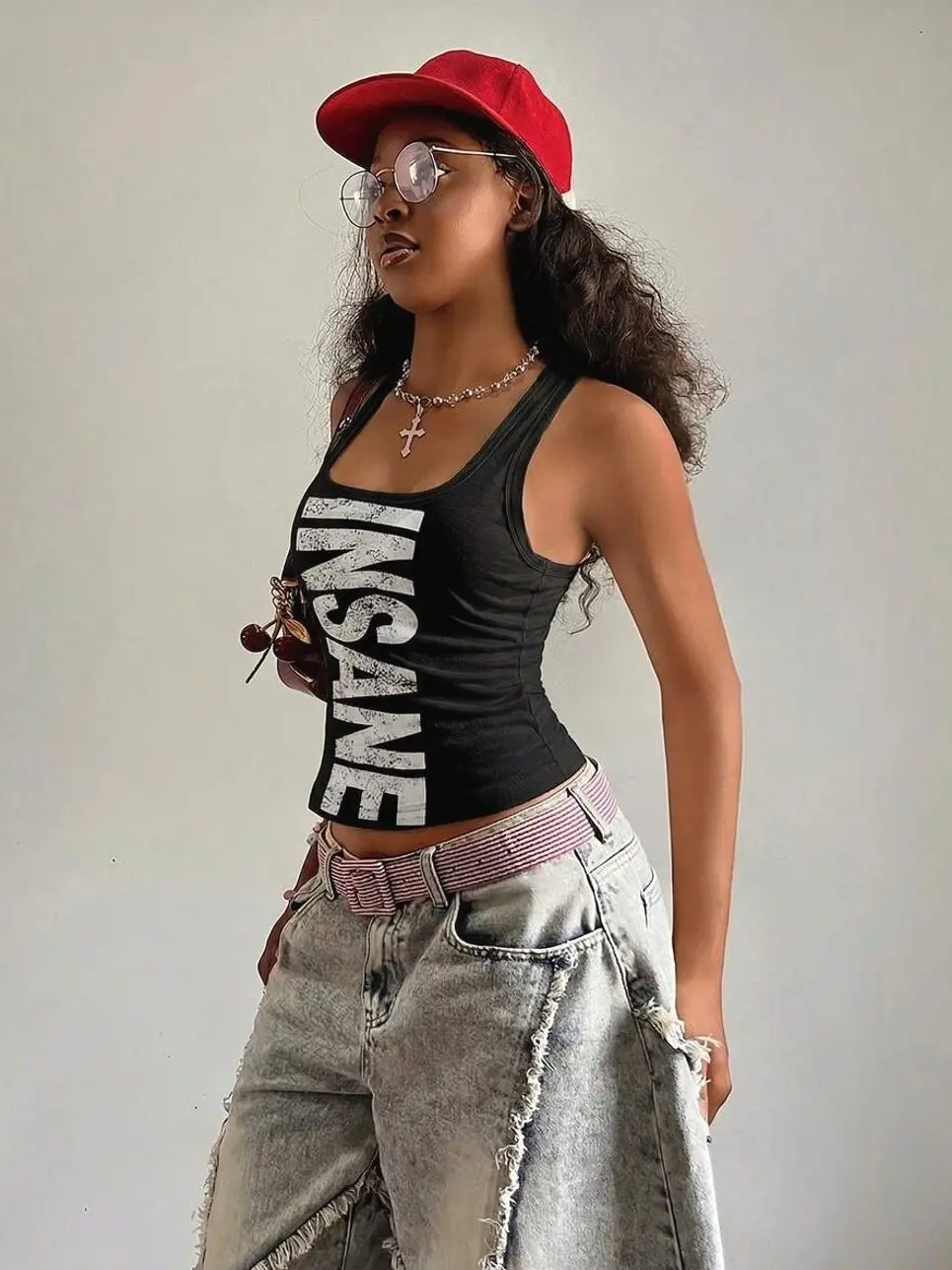 Fiercella Fiercella Women's U-Neck White Wasteland Style Printed Fitted Comfortable Streetwear Y2K Sexy Camisole Top, Spring/Summer