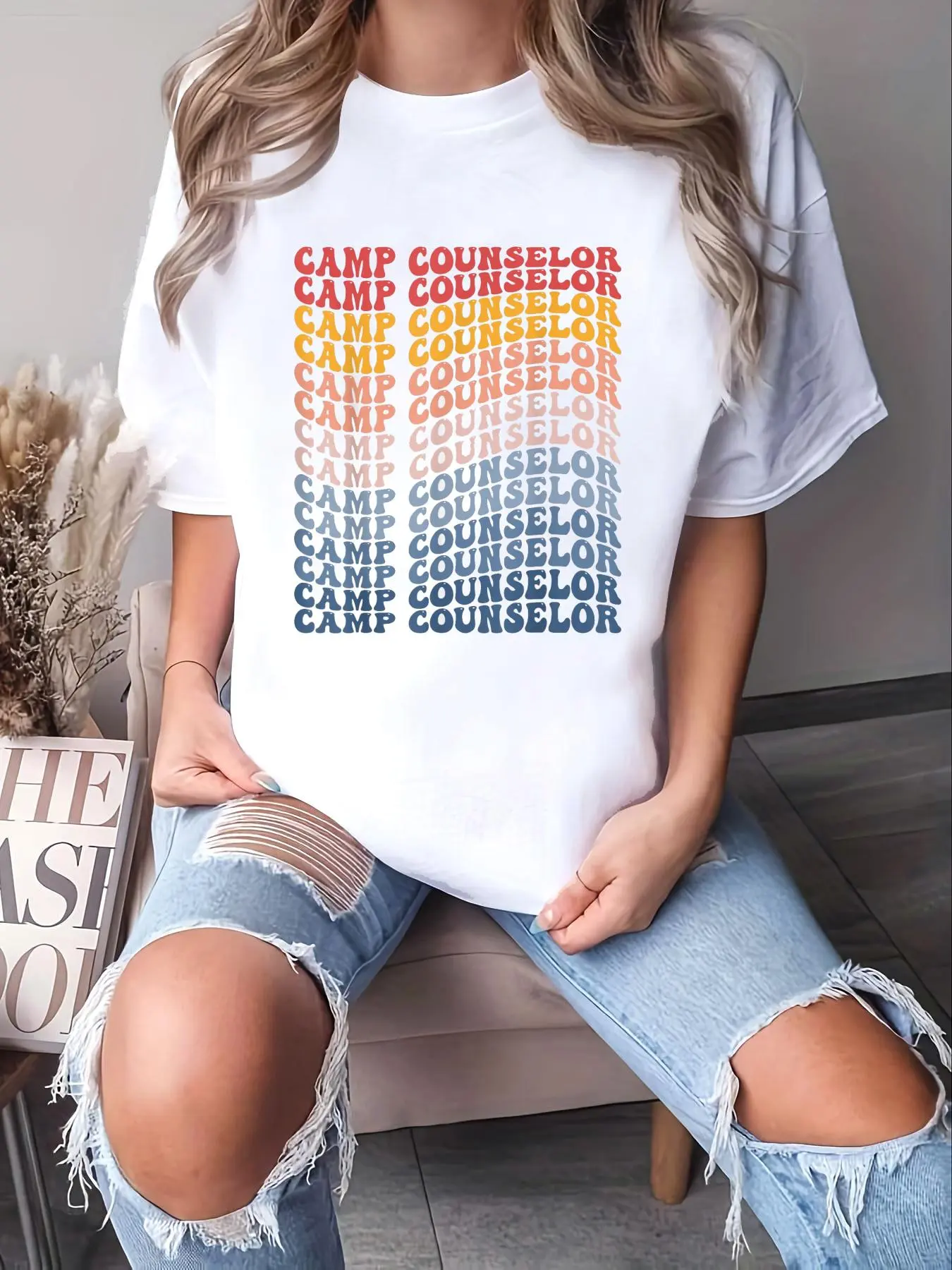 Women's 100% Cotton Round Neck Short Sleeve Loose Graphic T-Shirt - Unisex Camp Counselor Groovy Retro Casual Top, Versatile for Jacket Layering, All Seasons, Machine Wash, Do Not Bleach, Party Wear, Tumble Dry, Wt-L603460, Shortsleeve, Style, Clothes, Su