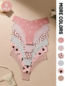 Valentine's Day Gift Set, 6-Pack Women's Seamless Panties, Heart & Leopard Print, Multi-Color Triangle Thongs, Comfortable Underwear