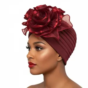 Women's Elegant Maroon Turban with Large Red Rose Detail for Stylish Outfits