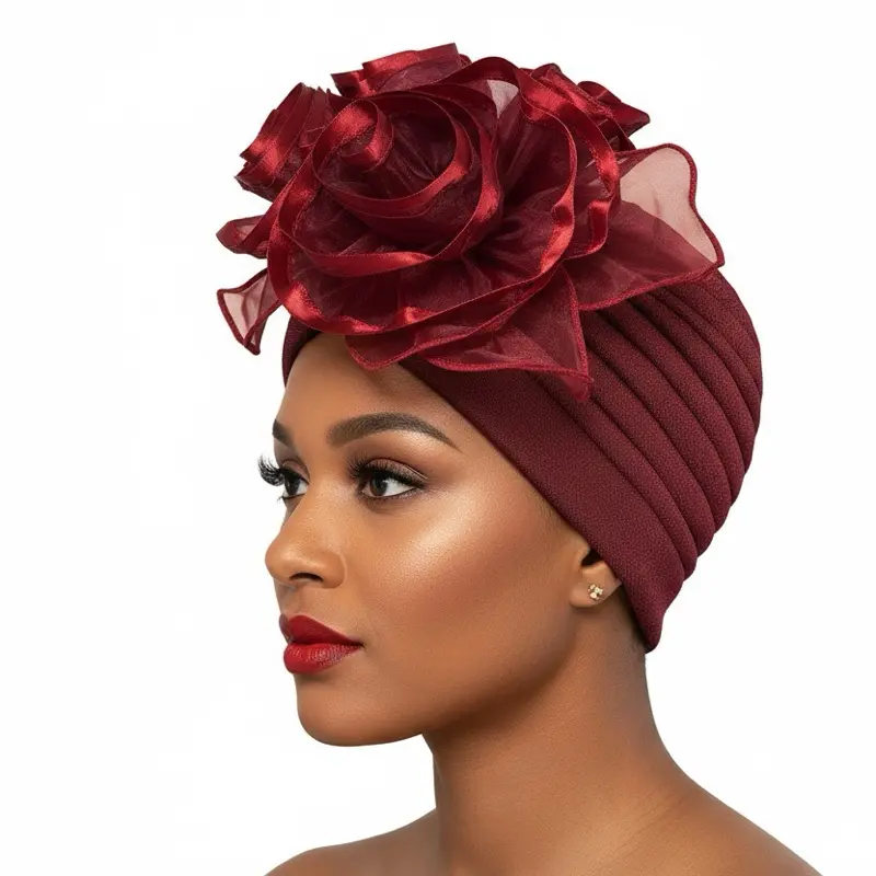 Women's Elegant Maroon Turban with Large Red Rose Detail for Stylish Outfits