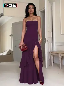 Women's Plain Split Thigh  Tube Dress, Elegant Formal Strapless Dress for Party Club Dating Wear, Ladies Summer Clothes