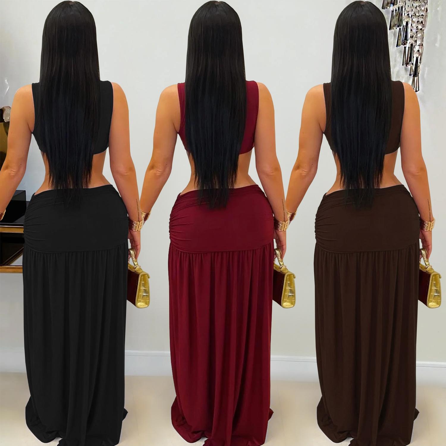 Fashion Women's Sexy Solid Color Sleeveless Crop Open Fork Dress