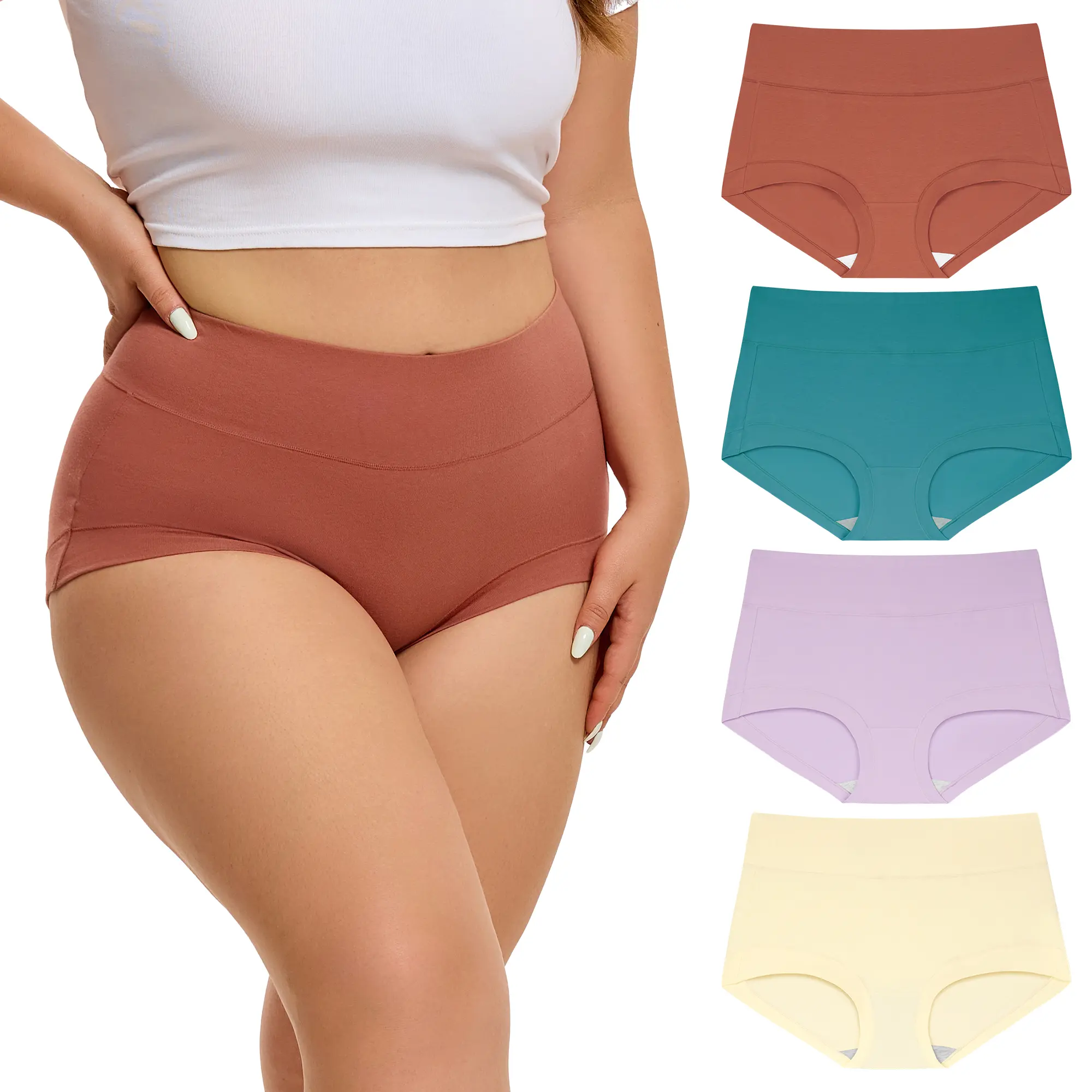 INNERSY Women's Plus Size Cotton High Waist Boyshorts 4-Pack Panties Womenswear