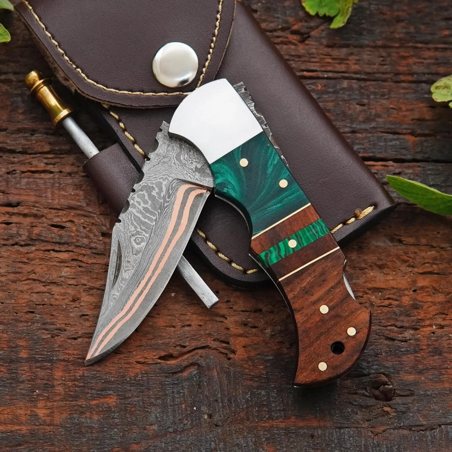 Hand Forged Copper Damascus Steel Folding Knife Gift For Husband Rosewood Handle Anniversary Gift Custom Copper Pocket Knife Birthday Gifts