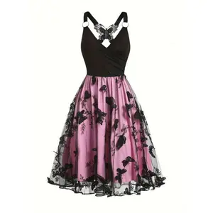 Butterfly Embroidered Mesh Party Dress - Flared A-Line with Comfort Stretch Waist, 3D Vintage Elegant Style for Cocktail & Garden Parties