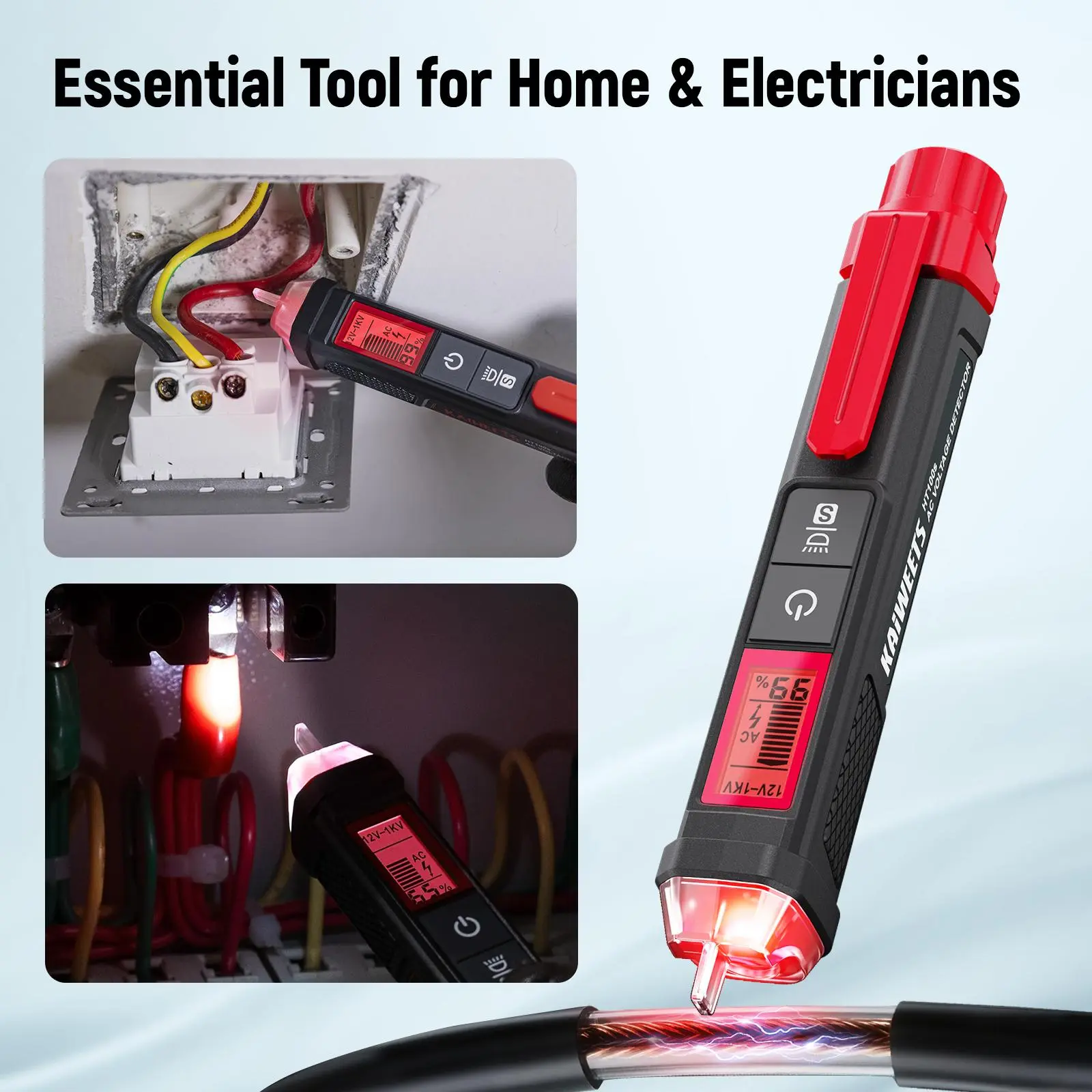 KAIWEETS Voltage Tester/Non-Contact Voltage Tester with Signal Percentage, Dual Range AC 12V/70V-1000V, Live/Null Wire Tester, Electrical Tester with LCD Display, Buzzer Alarm, Wire Breakpoint Finder