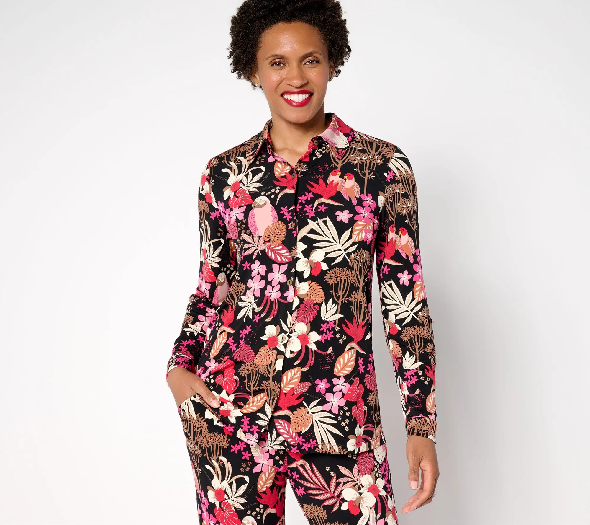 Susan Graver Petite Printed Liquid Knit Button Front Top