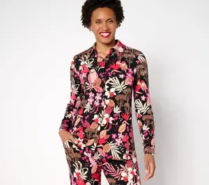 Susan Graver Petite Printed Liquid Knit Button Front Top