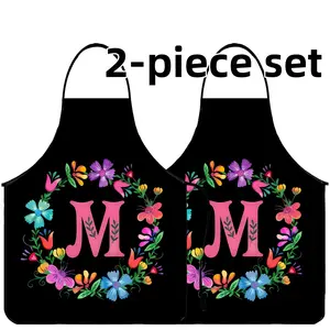 Floral Letter M Print Polyester Apron Set, 2 Counts ﻿Mother's Day Gift Apron,Nails Design Tool,﻿Kitchen Essential,Cool Summer Cooking Apron,Apron for Women,Gift for Daughter&Mother&Wife&GF, Kitchen Cooking Aprons