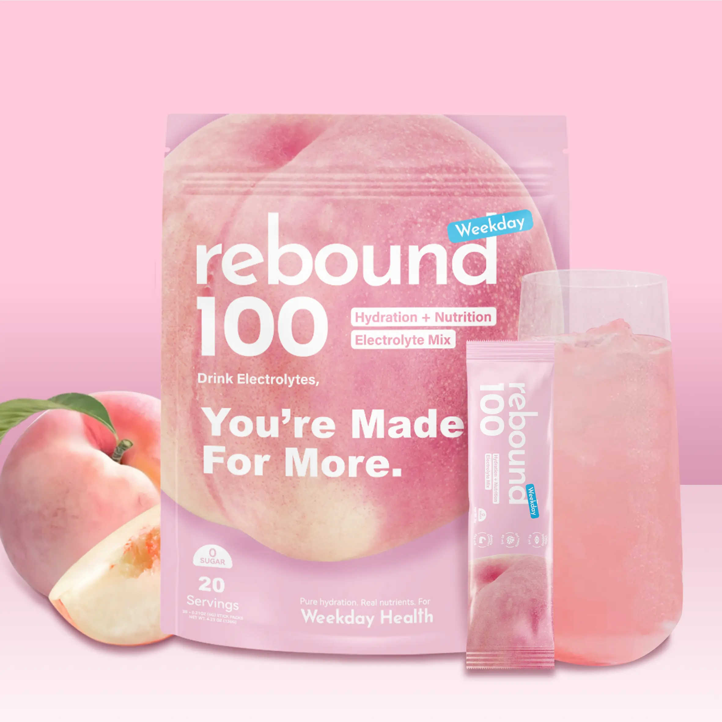 Rebound 100 Electrolyte Drink Mix Packets - Clean Fitness & Daily Nutrition Supplement with Lutein, Digestive Enzymes Probiotics, 5 Electrolytes, 100% Fruit Extract Flavor, 0 Sugar, Single Packs (Peach, Grape, Cucumber, Pineapple, Orange)