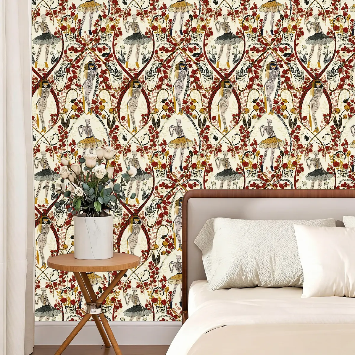 Gothic Peel and Stick Decorative Wallpaper - Dark Vintage Romantic Skull Ballerina & Floral Vine | Removable No Residue Self-Adhesive for Home Decor, Dorm, Kitchen & Furniture Makeover | 44cm*11.71inch, Floral Wallpaper