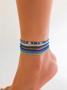 5-Piece Summer Beach Beaded Anklets, Multi-Layer Pearl Anklets, Bikini Anklets, Adjustable Wedding Bride Leg Bracelets, Women Girls Jewelry