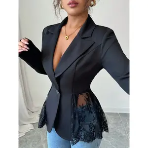 Women’s Lace Patchwork Blazer Jacket, Deep V-Neck Slimming Design, Western-Style Elegant Look, Perfect for Commuting & Dates