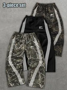 Printed Sweatpants Sportswear Set, Casual Street Style Gym Pants, Unisex Outdoor Wear, Spring & Fall Fitted Joggers, Pack of 3
