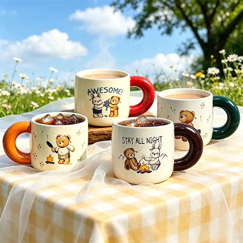 Rainbow Bear Mug Set – 4 Pieces, Cartoon Illustration, Large Handle, Ceramic Mug for Home Use, Coffee & Water Cup