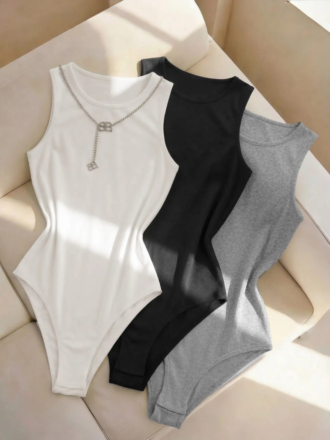 Women's 3-Piece Sleeveless Round Neck Knit Top Set Soft Stretch Bodysuit Tops, Womenswear, Outfit, Soft Comfortable Skin-Friendly Fabric, Casual Basic Minimalist Style, All Seasons Everyday Wear