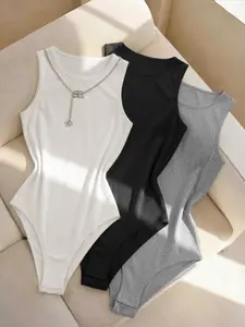 Women's 3-Piece Sleeveless Round Neck Knit Top Set Bodysuit, Soft Comfortable Skin-Friendly Fabric, Casual Basic Minimalist Style, All Seasons Everyday Wear