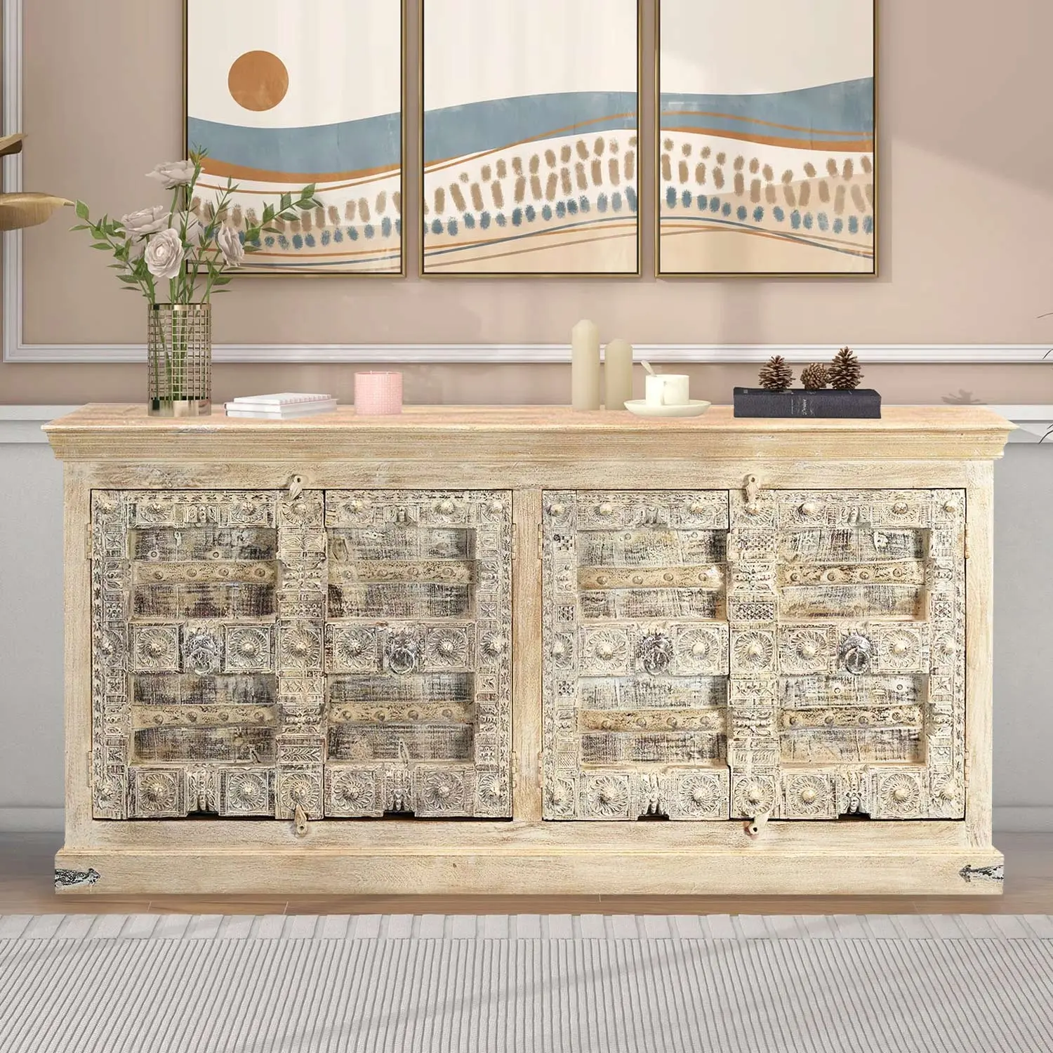 Antique Lotus Carved Doors Upcycled 85 in. Long Solid Wood Sideboard
