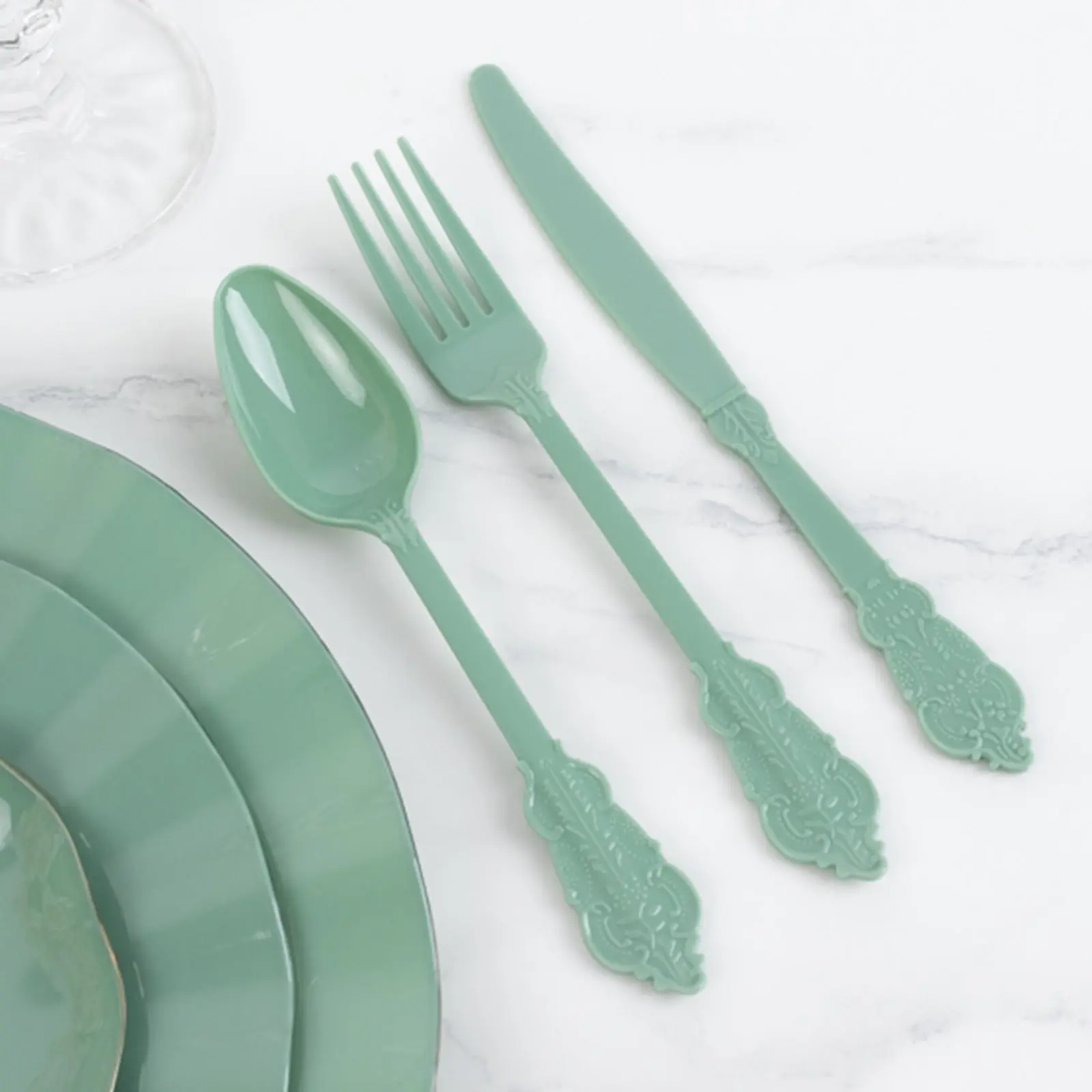 72-Piece Dusty Sage Green Baroque Style Plastic Cutlery Set - Heavy-Duty Disposable Tableware Knife, Fork, Spoon Set