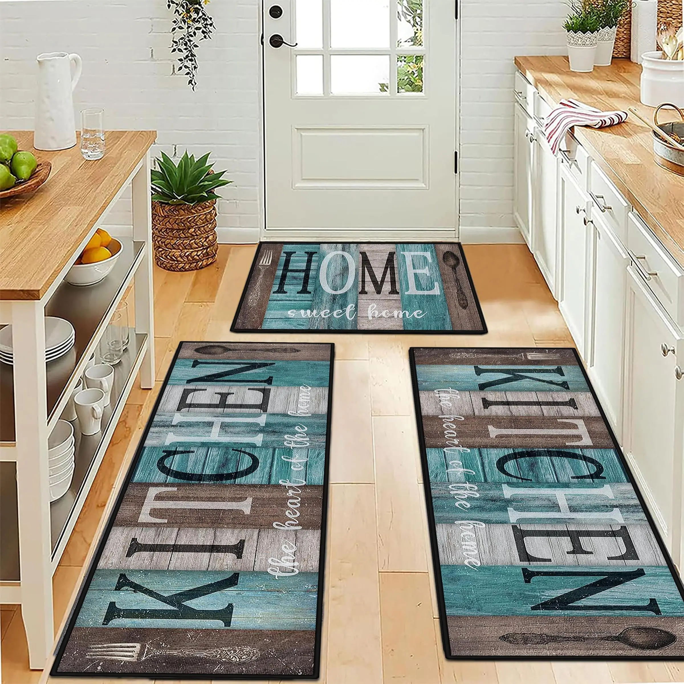 Farmhouse Wooden Boho Room Decor Kitchen Rug Set, 3 Counts/set Washable Kitchen Mat, Home Decor Non Slip Low Profile Kitchen Area Rug Floor Mat for Ki