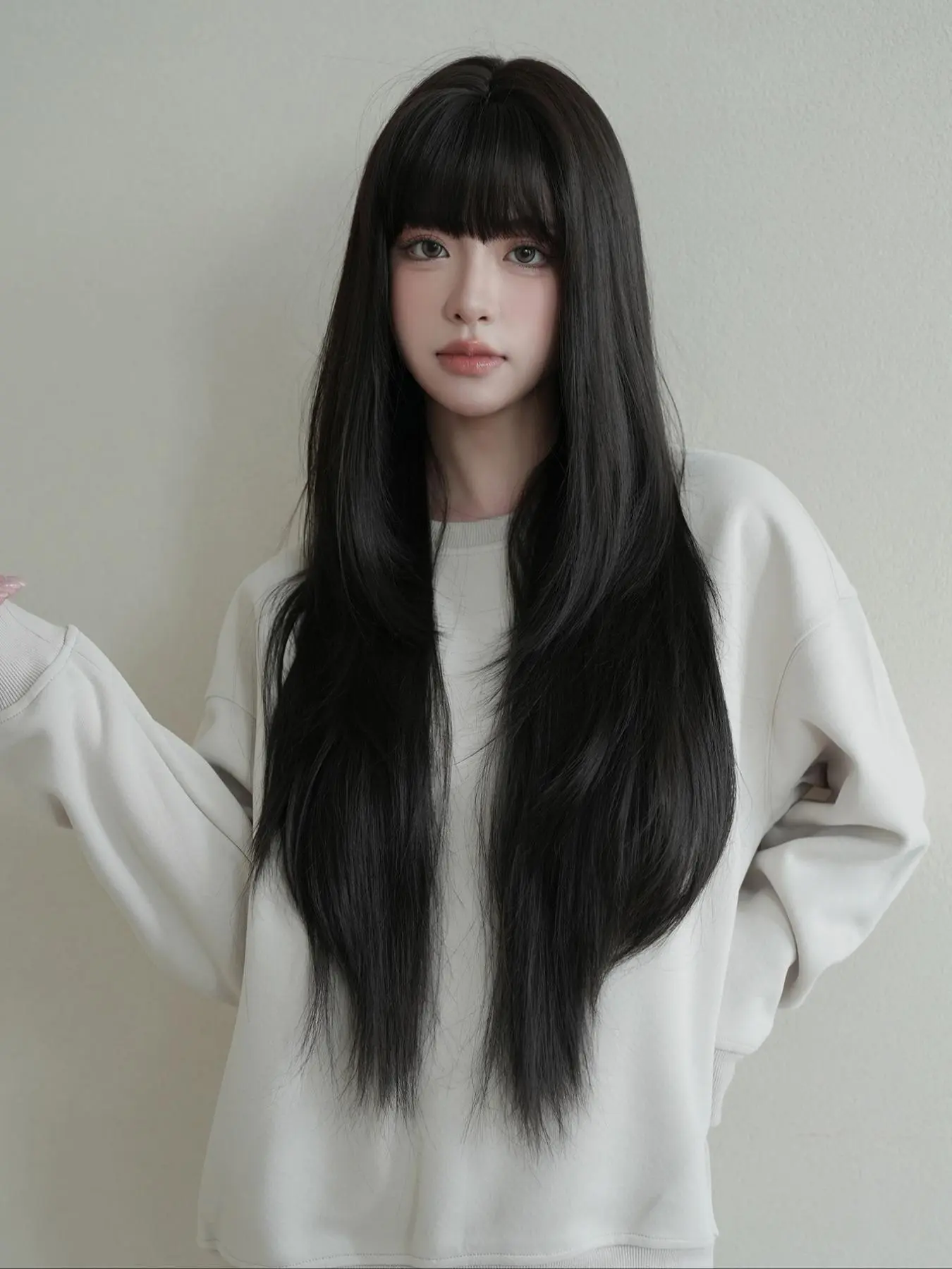 32 Inch Long Straight Layered Cut Wigs for Women, Gorgeous Fashion Fluffy Wigs with Blunt Bangs, Synthetic Full Machine Wigs for Party, Daily Use, Machine Made Wigs