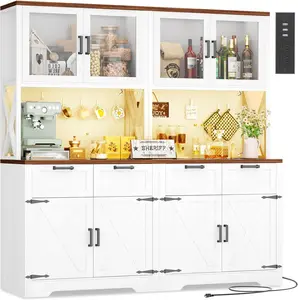 Unikito 71" Tall Kitchen Pantry Storage Cabinet with LED Light & Outlet, 63" Wide Kitchen Hutch Cabinet with Large Countertop, DIY Pegboard and Drawers, Farmhouse Food Pantry for Living Room
