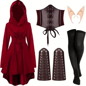[5pcs Medieval Hooded Robe Costume Set] - Red Renaissance Elf Attire with Corset & Tights for Women FP 560152   Womenswear Clothes