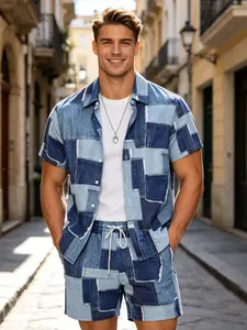 Men's Blue Denim Patchwork Print 2-Piece Casual Loungewear Pajama Set - Cuban Collar Shirt & Drawstring Shorts, Ultra-Soft Breathable Fabric, Relaxed Fit for At-Home Lounging, Sleeping & Lazy Weekends Pjs