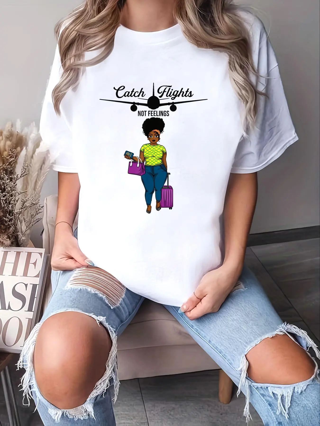 Women's Graphic T-Shirt, Soft 100% Cotton "Catch Flights Not Feelings" Top with a Loose Fit for Travel and Daily Wear, Jackets, Shortsleeve, Casual, Style, Chic, Do Not Iron, Round Neck, Travel Theme, All Seasons, Tshirt, Short Sleeves, Streetwear, Clothe